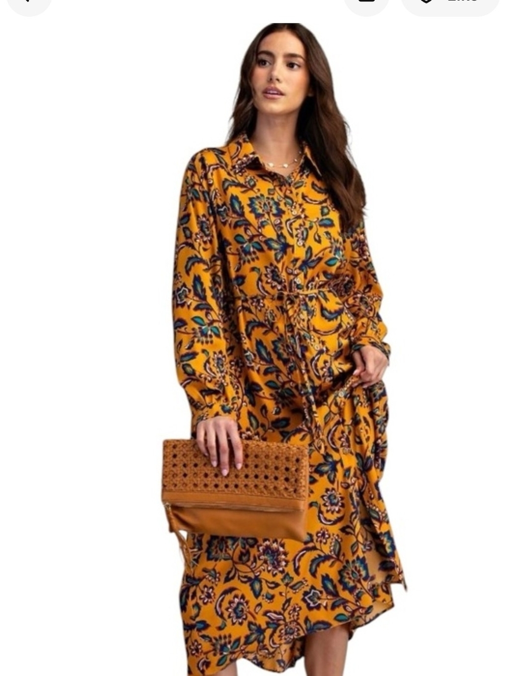 Easel Mustard Floral Button-Front Midi Dress Large